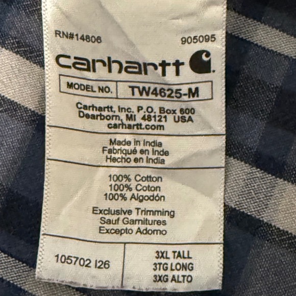 Carhartt Mens 3XL Tall Loose Fit Plaid Short Sleeve Work Shirt Button Up - Picture 8 of 8